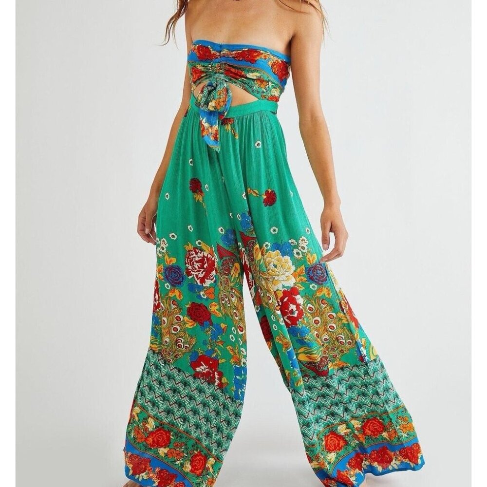 Free People WeTheFree Women's Green Bali Birds Of Paradise Jumpsuit NWT Size L